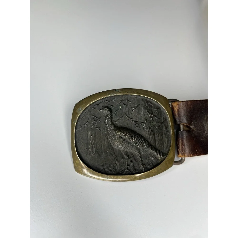 Steven L Knight Buckle Solid Bronze w/ Burned Leather Belt Turkey Bear Deer Hunt
